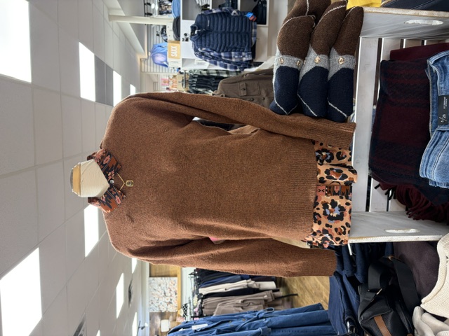 Rust sweater layered over a leopard-print shirt