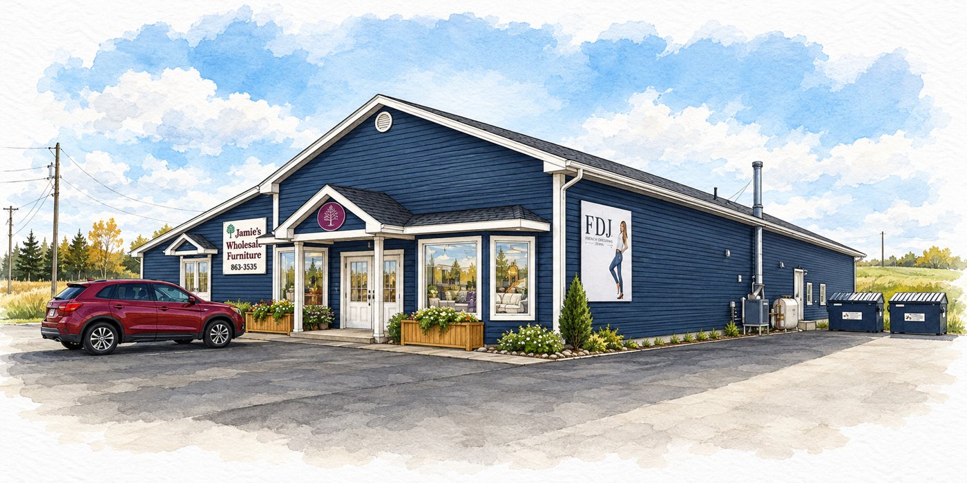 Watercolour illustration of the Trendys store on South River Road, Antigonish